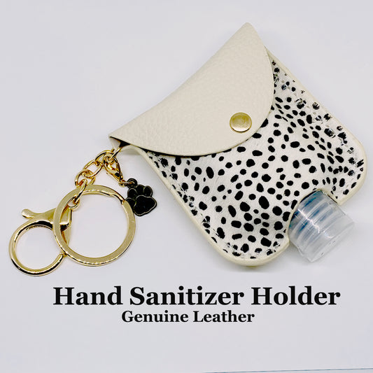 Genuine Leather Hand Sanitizer Holder with Snap Button, Dalmatian Print Sanitizer Holder Key Chain, Sanitizer Bottle Holder