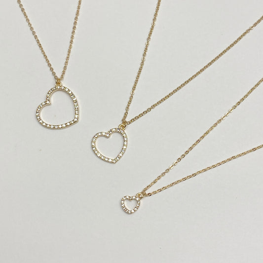 Dainty Paved Heart Rhinestone Pendant Necklace Three Pack, Three size heart necklace