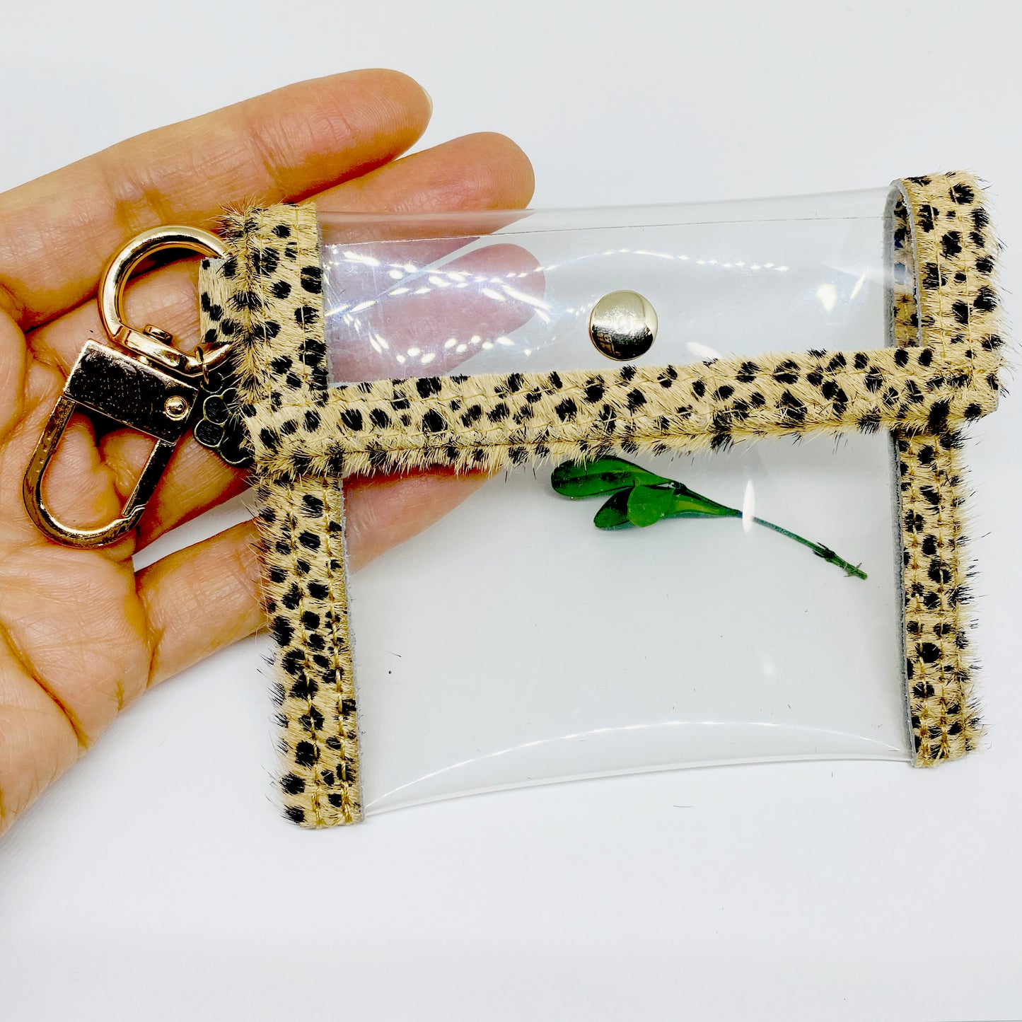 Animal Pattern Print Genuine Leather & Clear Pouch Key Chain, Clear Business Card, ID Card Holder Key Ring, Clear Vinyl Wallet