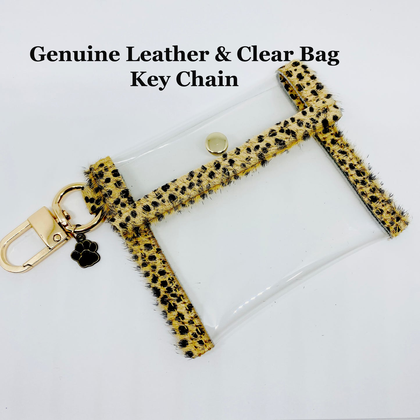 Animal Pattern Print Genuine Leather & Clear Pouch Key Chain, Clear Business Card, ID Card Holder Key Ring, Clear Vinyl Wallet