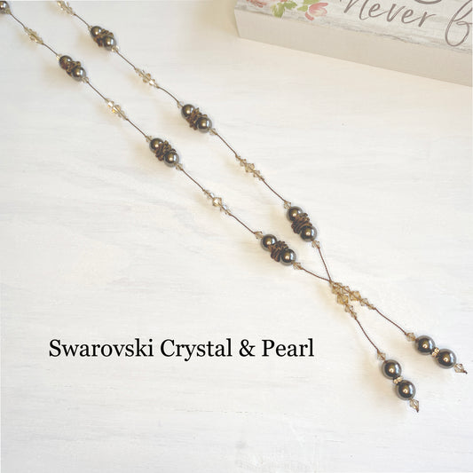Handmade Swarovski Crystal and Pearl Adjustable  Necklace, Made with Brown Pearls, and Light Colorado Topes Crystals