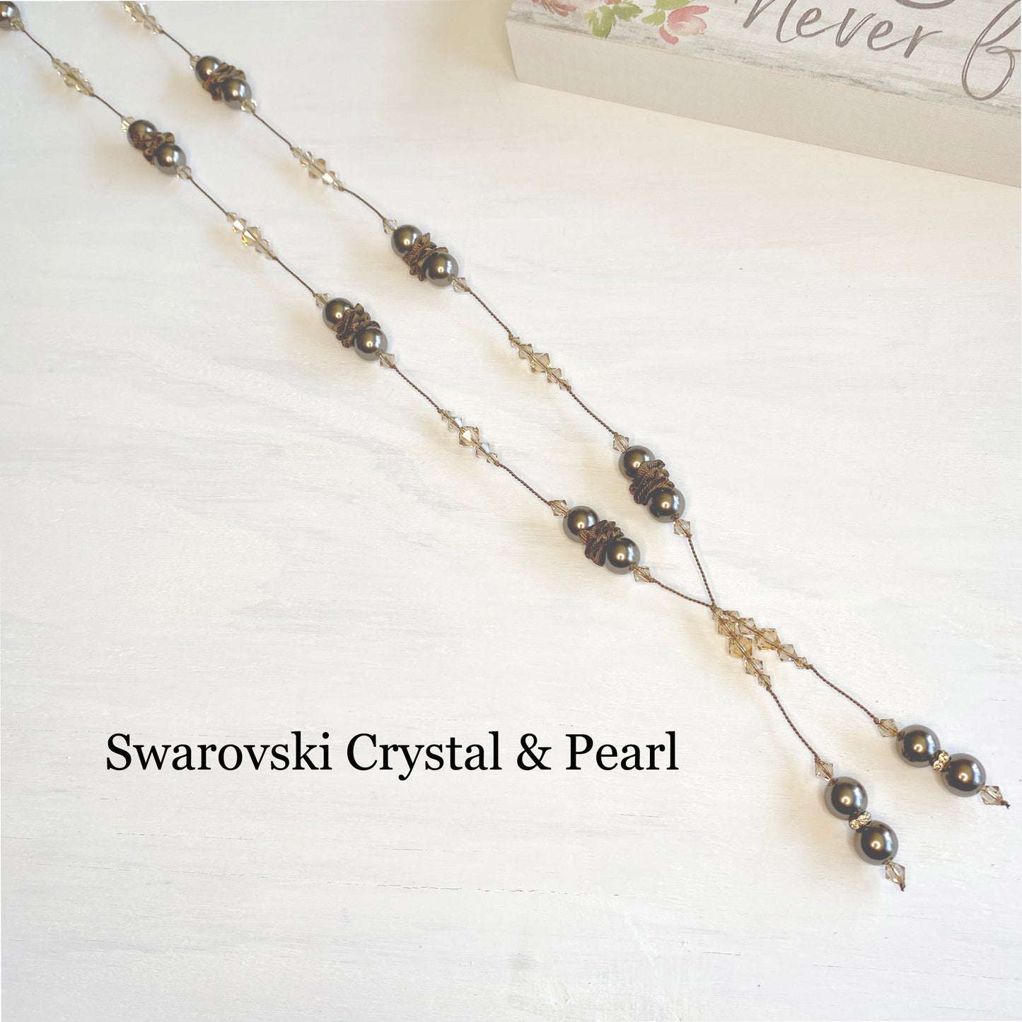 Handmade Swarovski Crystal and Pearl Adjustable  Necklace, Made with Brown Pearls, and Light Colorado Topes Crystals