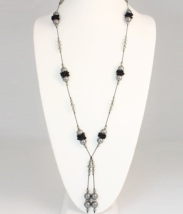 Handmade  Ribbon Flower Adjustable Necklace, made withSwarovski Crystal & Swarovski Pearl, Dark Gray Pearls, and Black Diamond Crystals