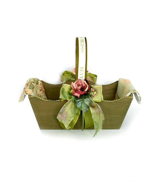 Large Wooden Basket Decorated with Flowers and Linen