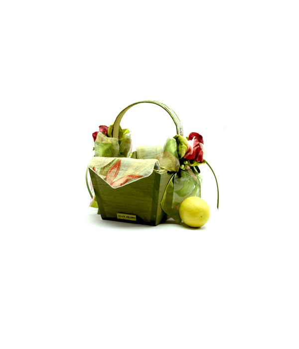 Small Wooden Basket Decorated with Flowers and Linen