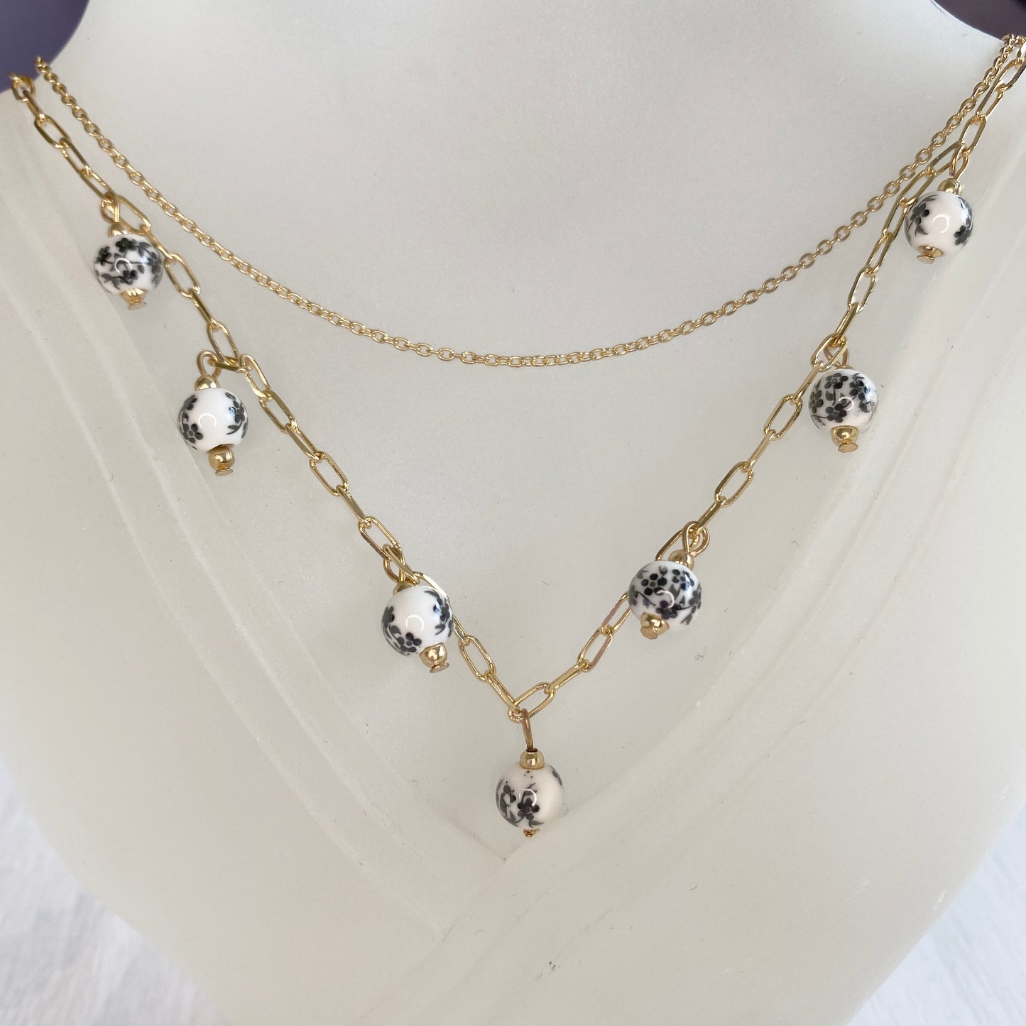 Dainty Designed Ceramic Beads Double Chocker Necklace